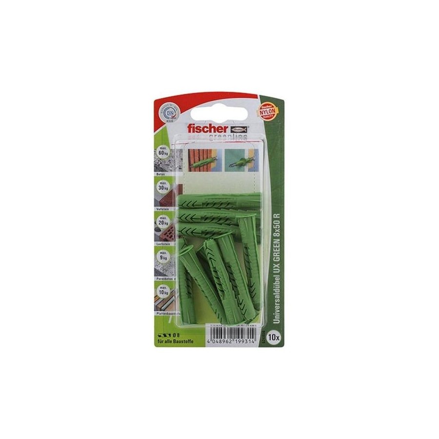 Taco universal fischer ux green 8x50 rk verde, 10 unidades 524806