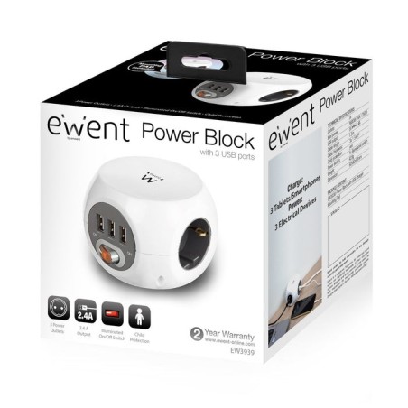 Ewent ew3939 regleta cubo 3 tomas/3 usb blanco