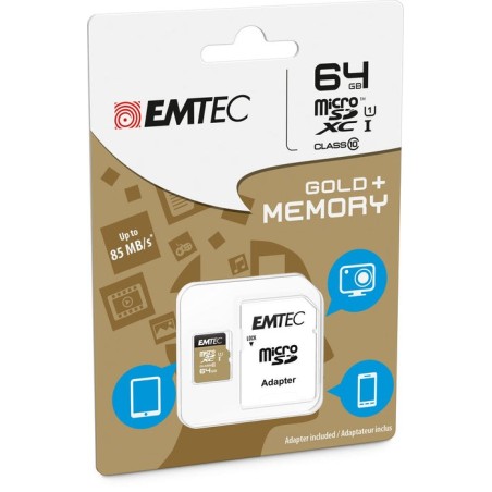 Emtec micro sd 64gb sdxc u1 cl10 gold + ecmsdm64gxc10gp