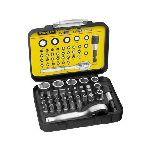 Juego de puntas stanley 1/4", 39 piezas negras, con carraca reversible