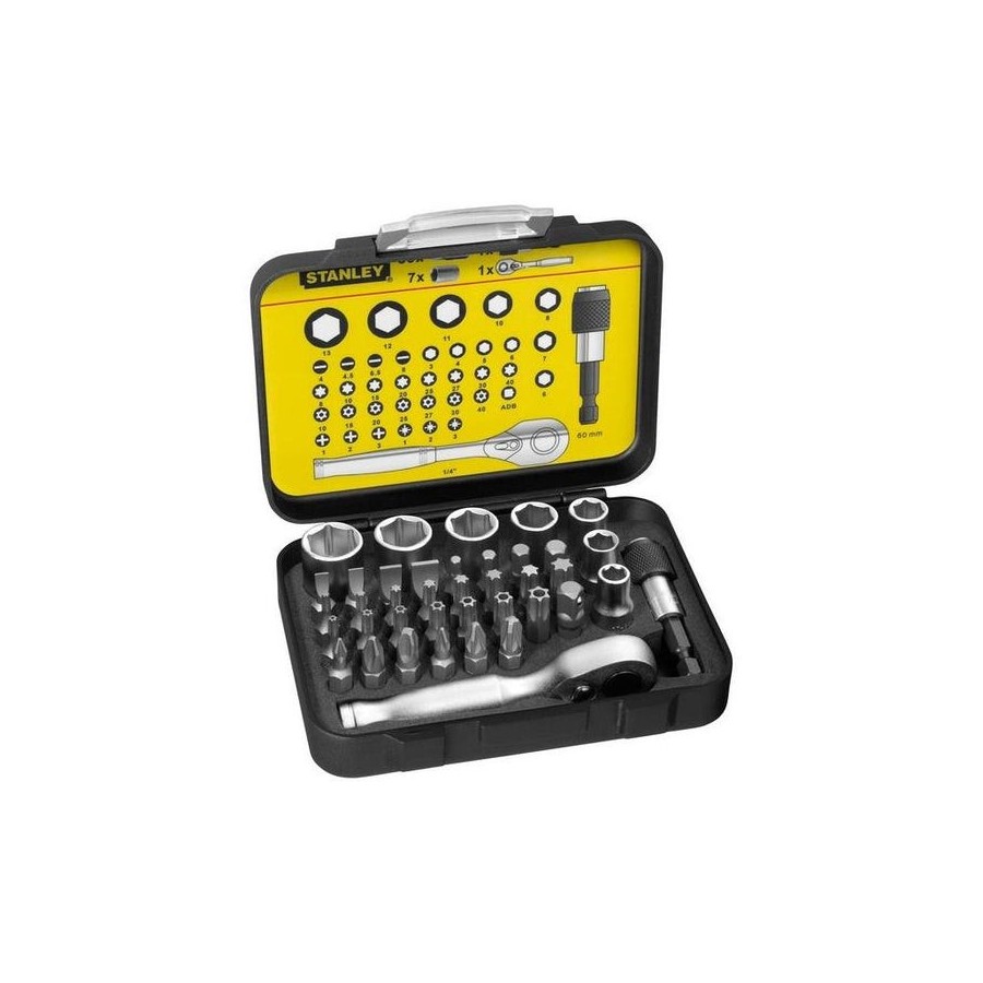 Juego de puntas stanley 1/4", 39 piezas negras, con carraca reversible