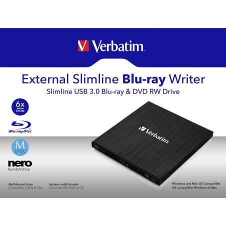 Grabadora externa verbatim br/cd/dvd slimline, alimentación a través del puerto usb 3.2