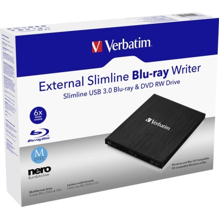 Grabadora externa verbatim br/cd/dvd slimline, alimentación a través del puerto usb 3.2