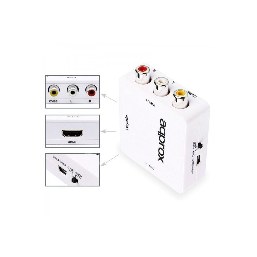 Approx adaptador rca a hdmi  resolucion hasta 1080p aliment microusb  blanco appc41