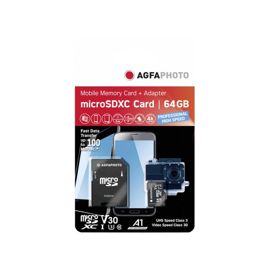Agfaphoto microsdxc uhs-i 64 gb de alta velocidad c10 u3 v30 + adap
