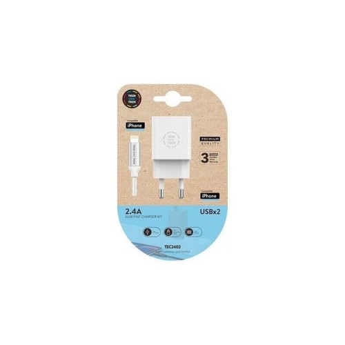 Cargador de pared tech one tech tec2402 2xusb + cable lightning 2.4a blanco