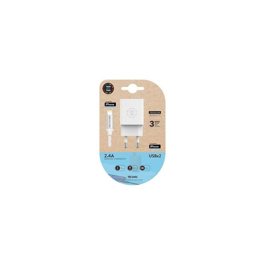 Cargador de pared tech one tech tec2402 2xusb + cable lightning 2.4a blanco