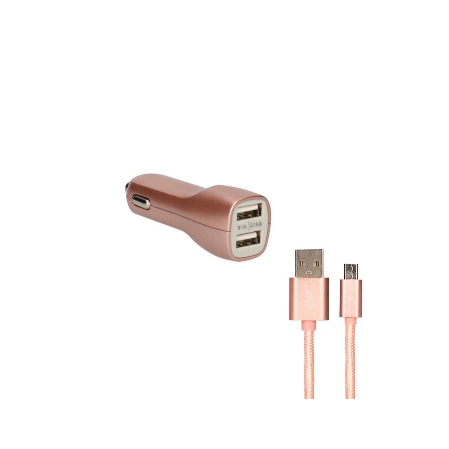 Ksix cargador de coche metalizado 2x usb 2.1a + cable micro-usb rosa dorado