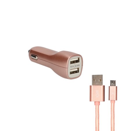 Ksix cargador de coche metalizado 2x usb 2.1a + cable micro-usb rosa dorado