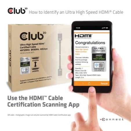 Club3d hdmi cable 2.1 hdmi de ultra alta velocidad, 4k 120hz, 8k60hz, 48gbps m / m, 3m