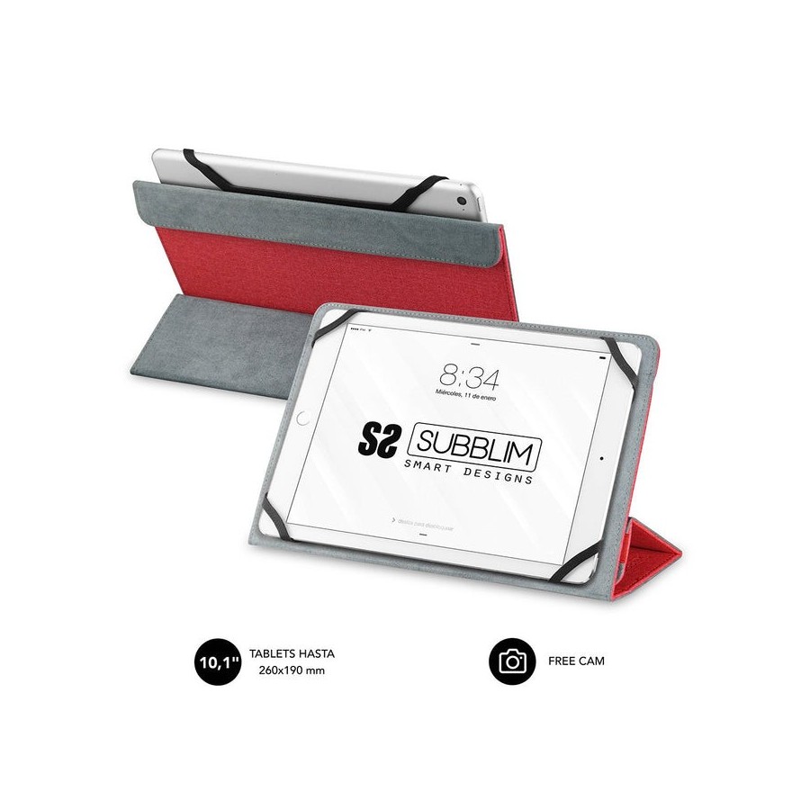 Funda universal subblim freecam para tablet hasta 10.1'/25.6cm red interior aterciopelado trasera plegable para usar cámara