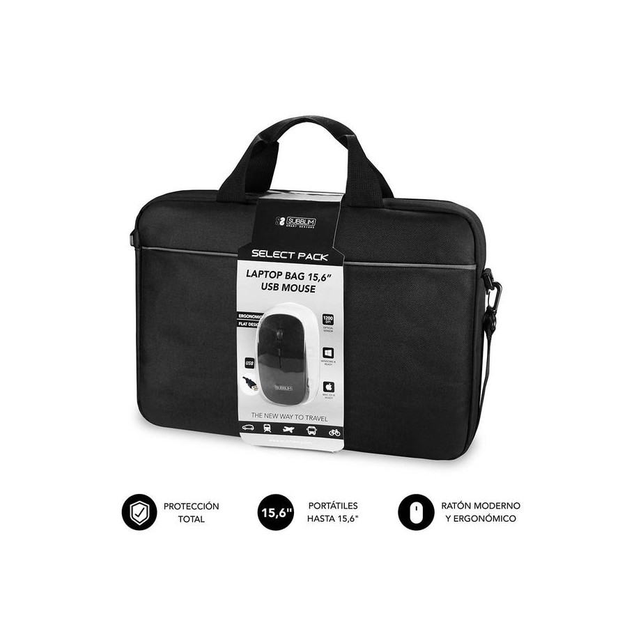 Maletín + ratón usb subblim select pack para portátiles hasta 15.6'/ 39.6cm ratón 1200dpi interior acolchado bolsillo frontal
