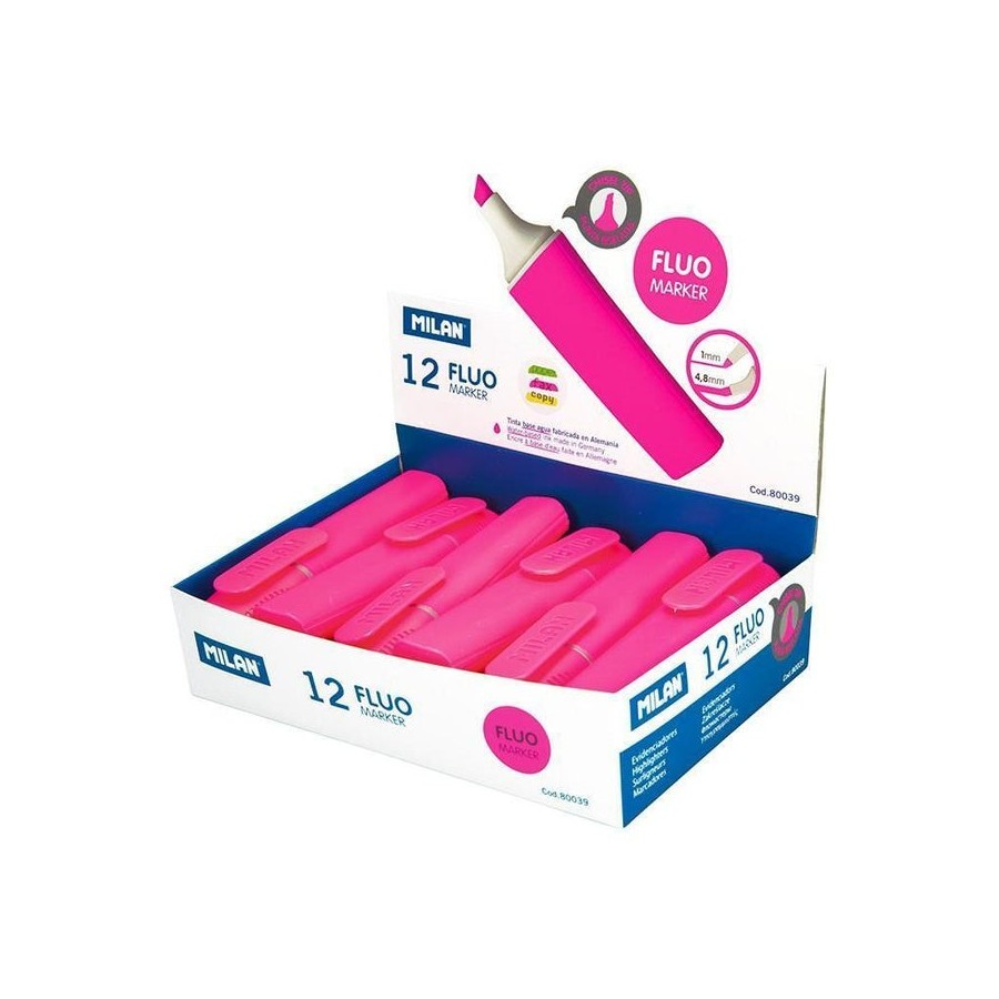 Milan marcador fluorescente fluo rosa punta biselada caja expositoria 12u