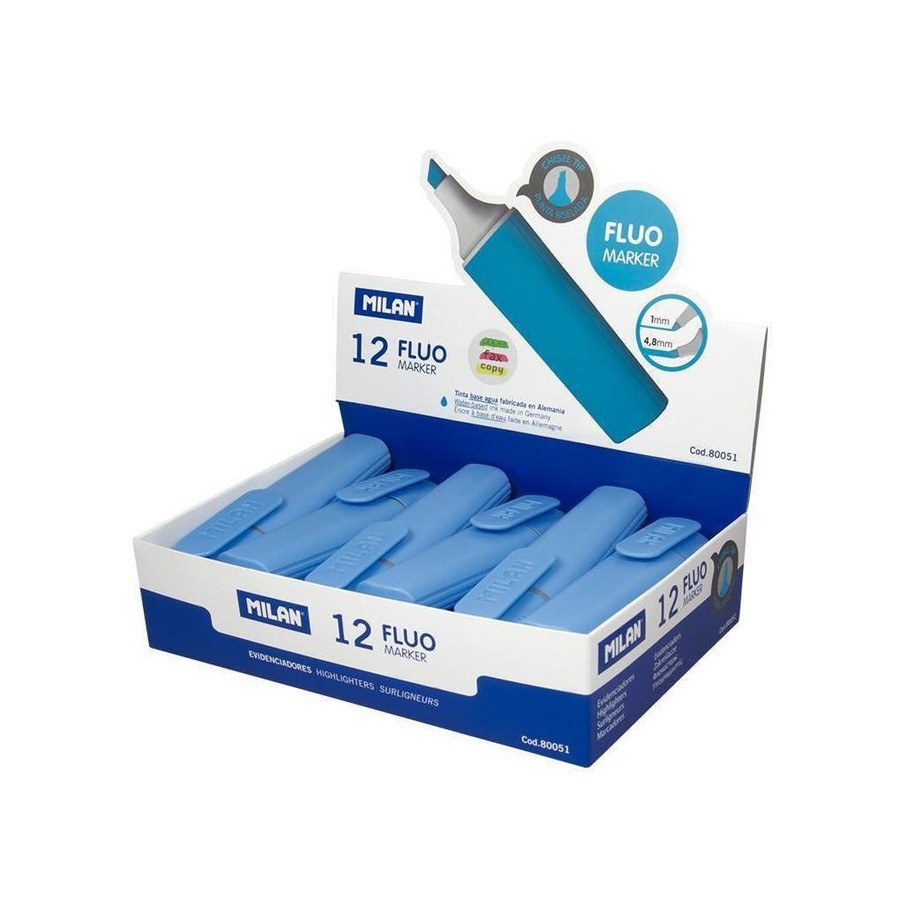 Milan marcador fluorescente fluo azul punta biselada caja expositora 12u