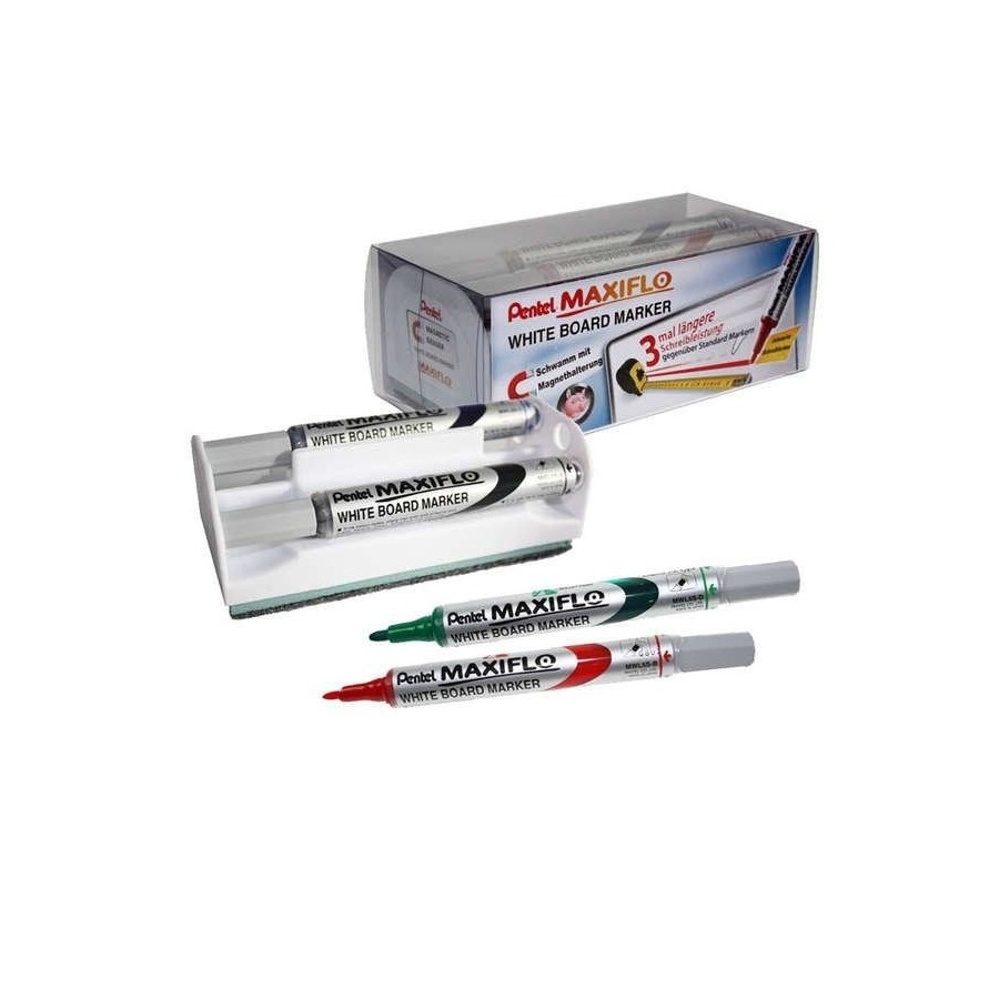Pentel maxifló set borrador magnético para pizarra blanca + 4 rotuladores colores