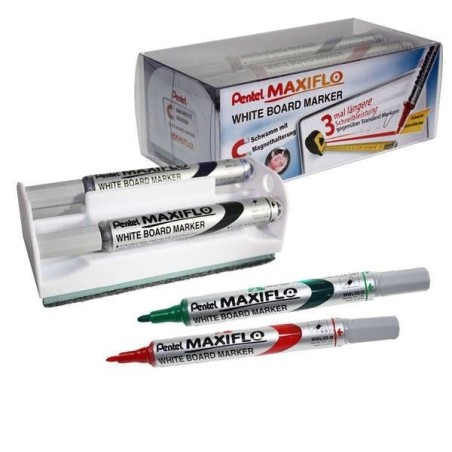 Pentel maxifló set borrador magnético para pizarra blanca + 4 rotuladores colores