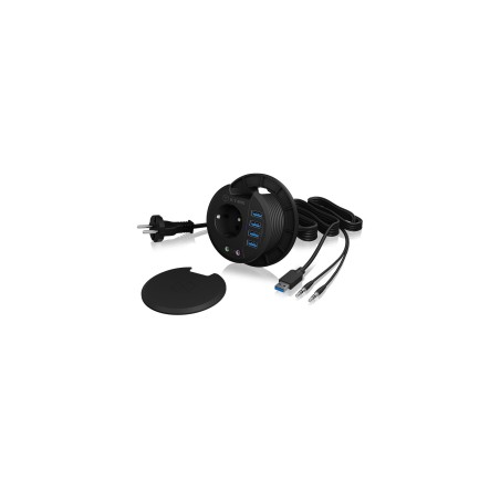 Hub usb icy box mesa usb 3.0 negro 80mm redondo, 4xusb 3.0, enchufe, entrada + salida de audio