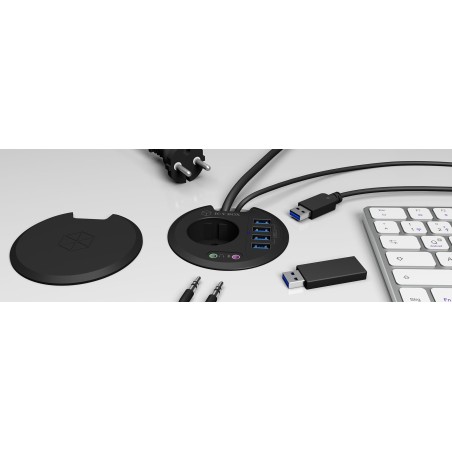 Hub usb icy box mesa usb 3.0 negro 80mm redondo, 4xusb 3.0, enchufe, entrada + salida de audio