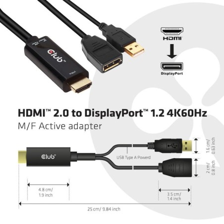 Club3d hdmi 2.0 to displayport 1.2 4k60hz hdr m/f activo negro