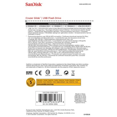 Pendrive sandisk 128gb 2.0 cruzer glide sdcz60-128g-b35