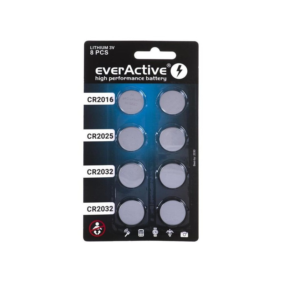 Juego de 8 pilas de litio everactive 4 x cr2032, 2 x cr2025, 2 x cr2016