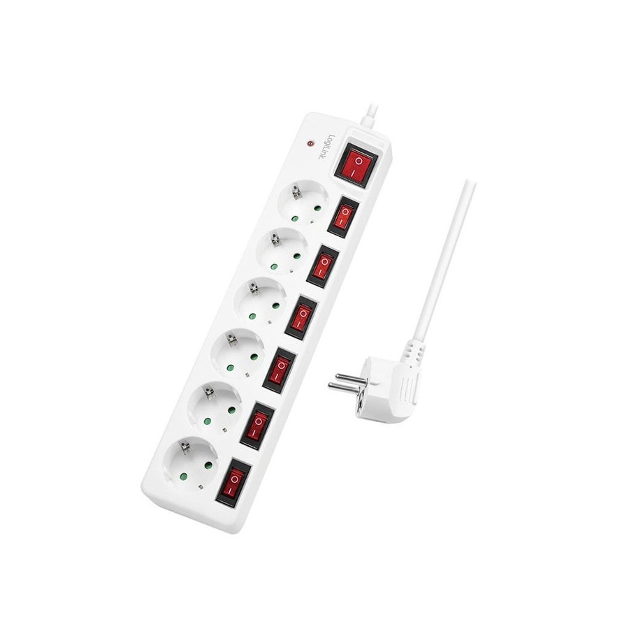Logilink regleta de enchufes logilink 6 tomas 6xcee 7/3, w. 7 interruptor, blanco