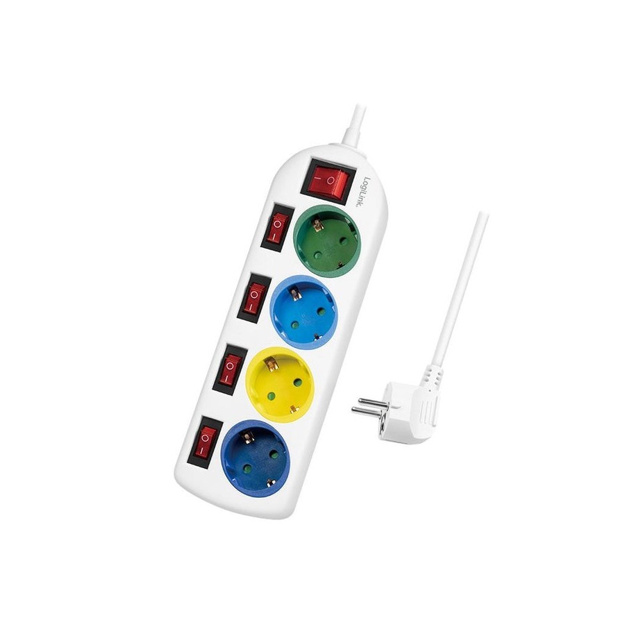Logilink regleta de enchufes de 4 tomas 4xcee 7/3, w. 5 interruptores, coloridos