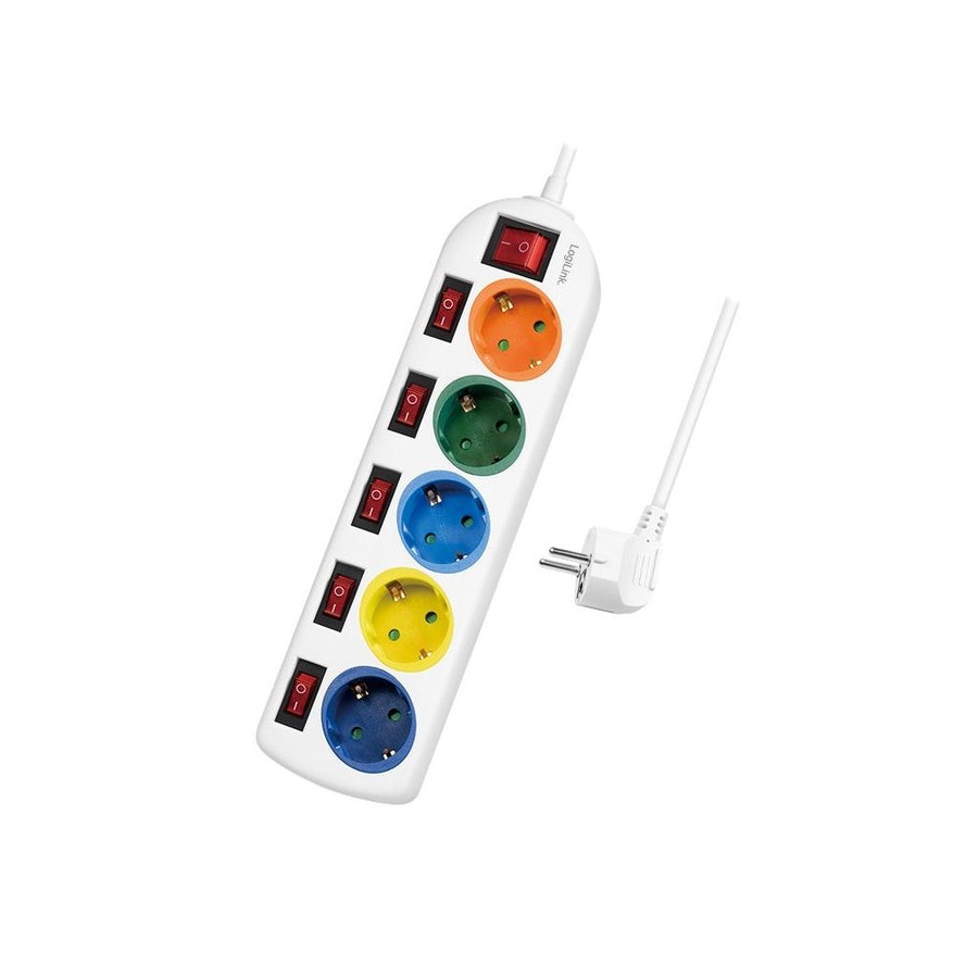 Logilink regleta de enchufes de 5 tomas, 5xcee 7/3, w. 6interruptores, coloridos