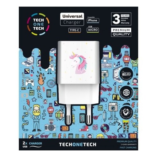 Cargador de pared tech one tech unicornio dream 2xusb 2.4a blanco