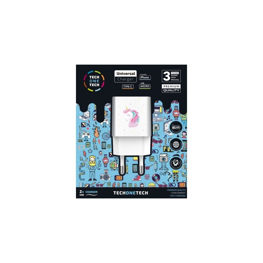 Cargador de pared tech one tech unicornio dream 2xusb 2.4a blanco