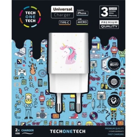 Cargador de pared tech one tech unicornio dream 2xusb 2.4a blanco