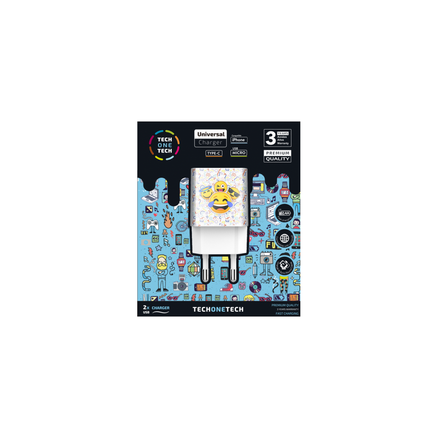 Cargador de pared tech one tech emojitech smile tec2502 2xusb 2.4a blanco