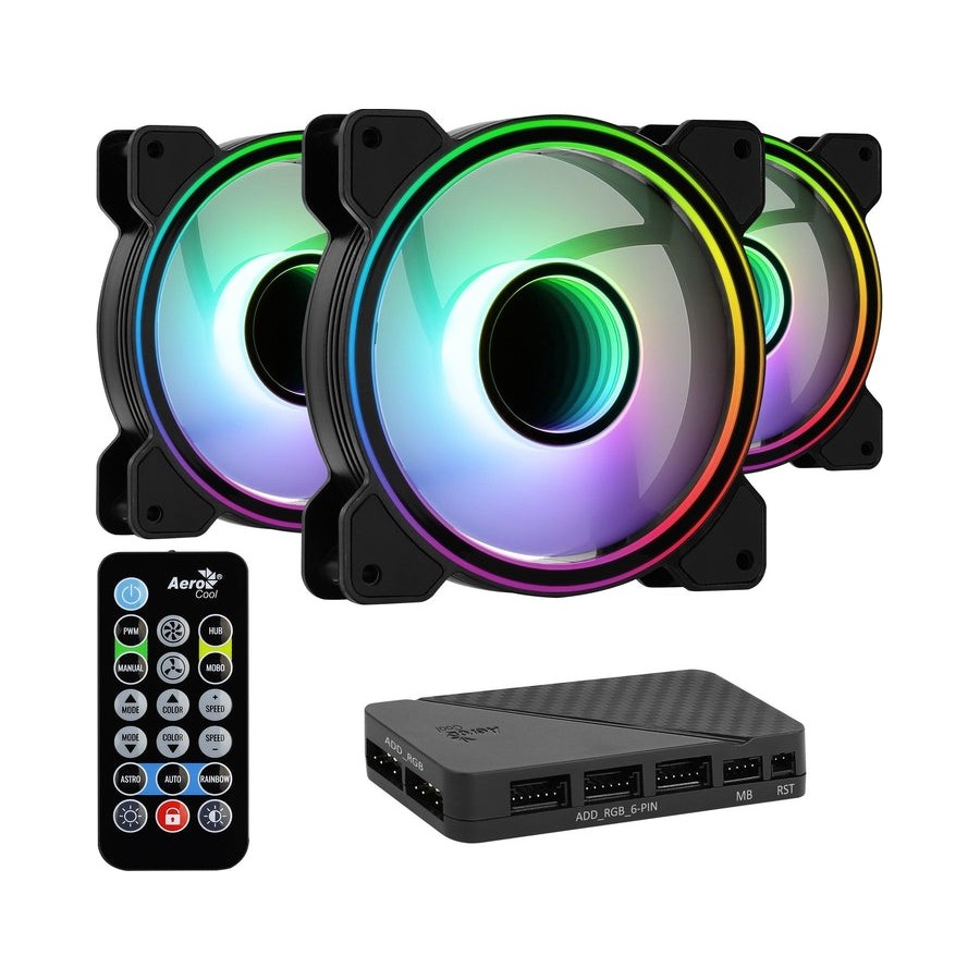 Pack 3 ventiladores aerocool mirage 12 argb pro 12cm + h66f hub + mando a distancia