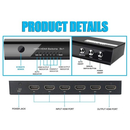 Equip switch 5x1 hdmi 2.0 4k/60hz negro