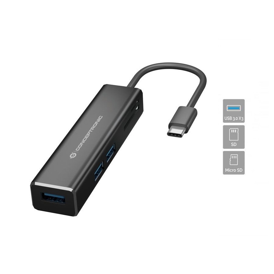 Hub 3.1 usb-c conceptronic donn08 3 puertos usb 3.0 y lector tarjetas sd / microsd