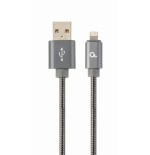 Gembird cc-usb2s-amlm-2m-bg premium cable de carga y datos de metal en espiral de 8 pines, 2 m, gris metálico