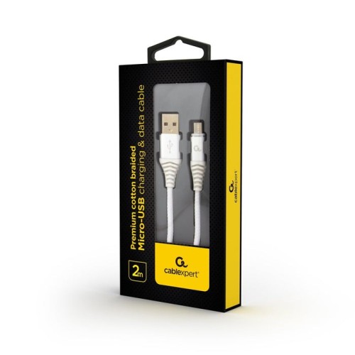 Gembird cable de carga y datos micro-usb trenzado premium, 2m, plata / blanco