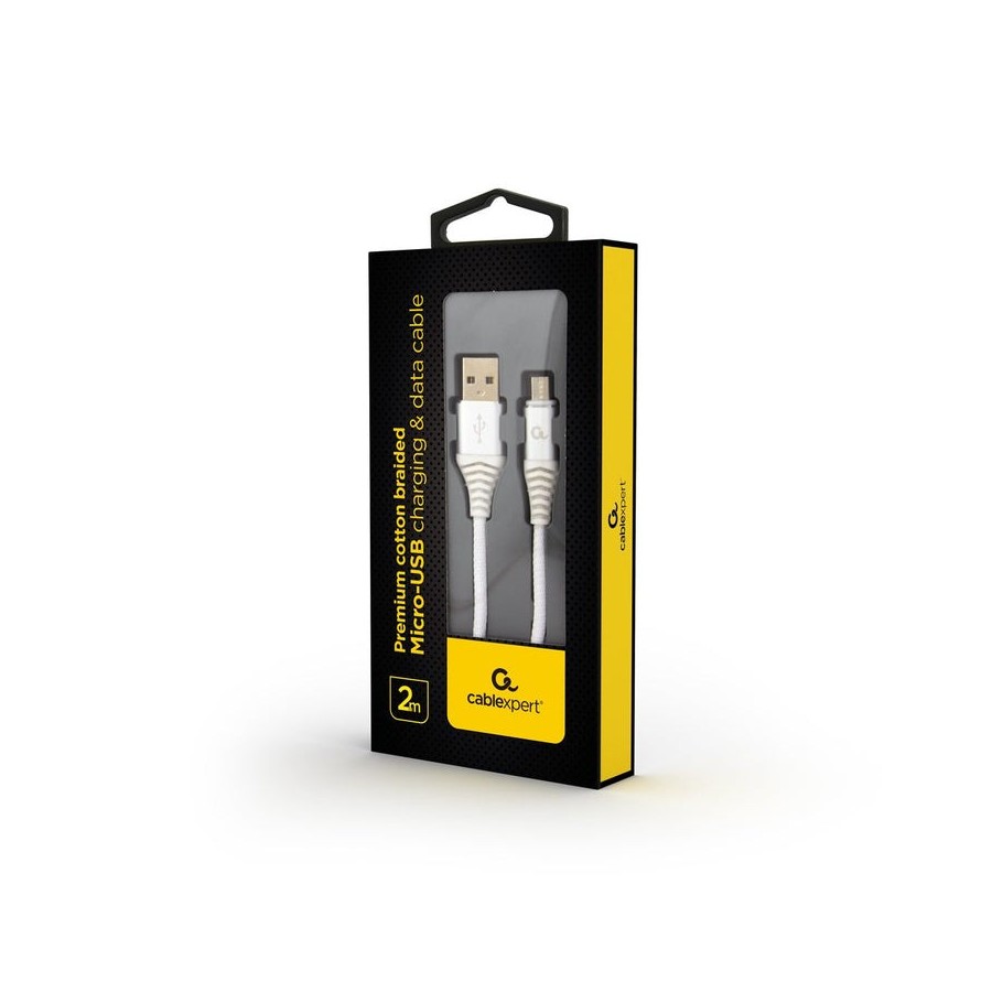 Gembird cable de carga y datos micro-usb trenzado premium, 2m, plata / blanco