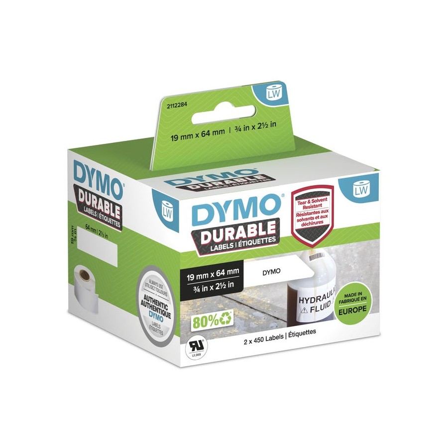 Impresora  etiquetas de plámico dymo lw 19x64mm 2x450 piezas blancas permanentes