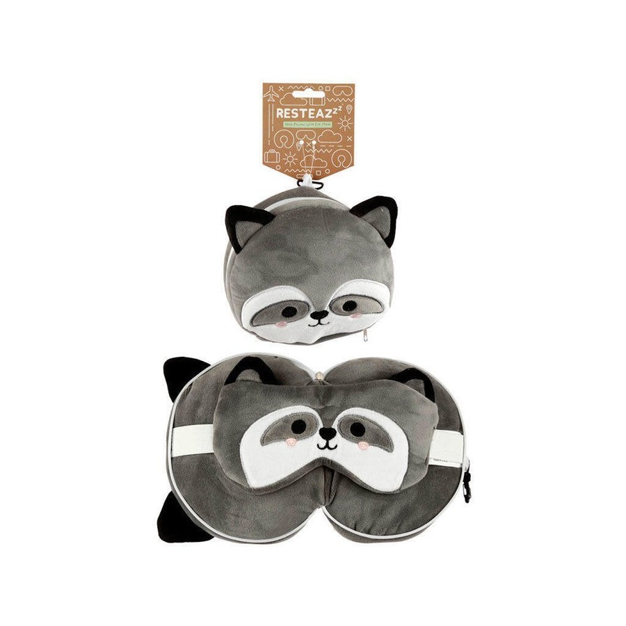 Almohada viaje cremallera y antifaz mapache resteazzz