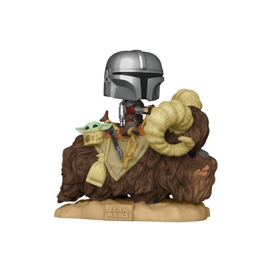 Figura pop star wars the mandalorian mando on bantha with child in bag