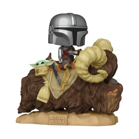 Figura pop star wars the mandalorian mando on bantha with child in bag