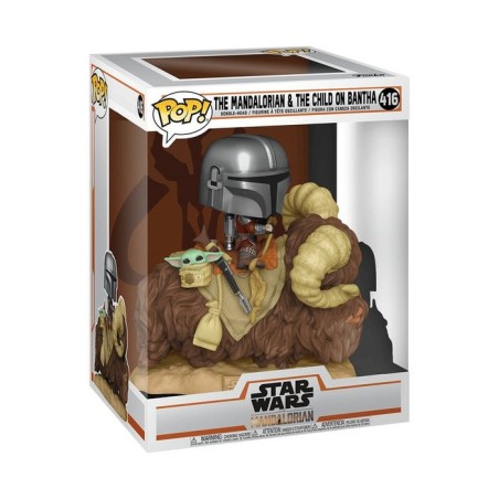 Figura pop star wars the mandalorian mando on bantha with child in bag