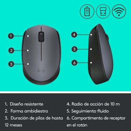Ratón logitech m170 inalambrico gris 910-004642