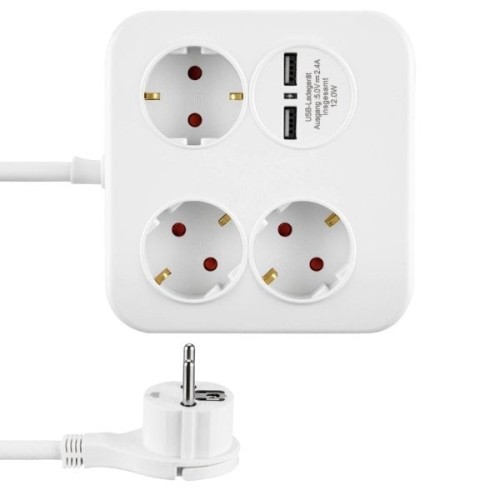 Rev powerquad 3-fold power strip + 2x usb white