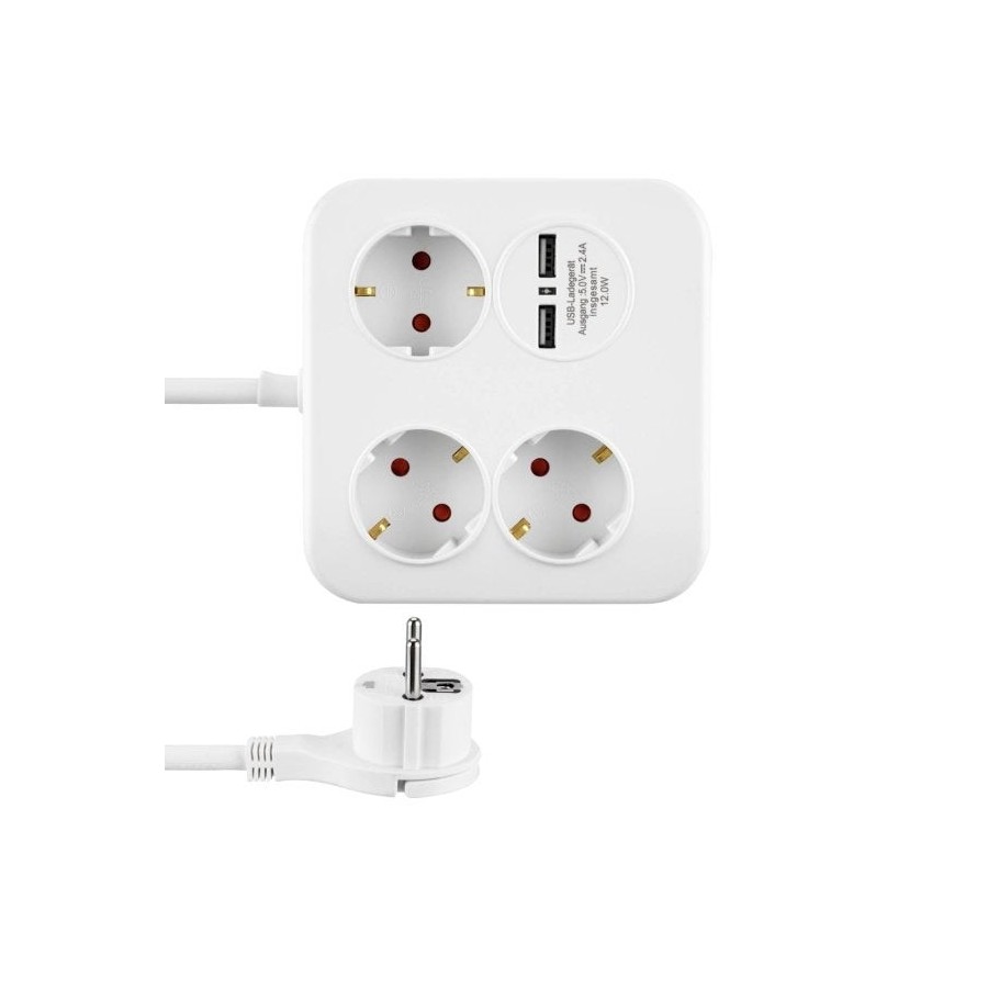 Rev powerquad 3-fold power strip + 2x usb white