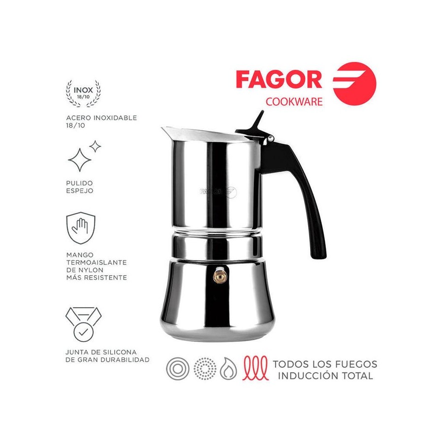 Cafetera inox etnica 4 tazas acero inoxidable 18/10 fagor