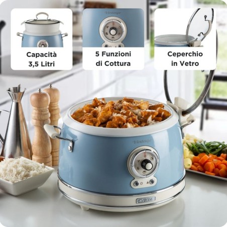 Ariete 290405 arrocera slow cooker, cocción a vapor, línea vintage, 3.5 l 650 w, azul claro