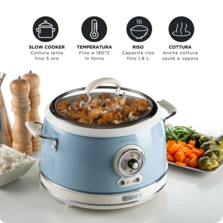 Ariete 290405 arrocera slow cooker, cocción a vapor, línea vintage, 3.5 l 650 w, azul claro