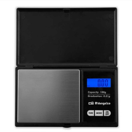 Báscula de cocina orbegozo pc 3050 negra de precisión capacidad máxima 100g escalado 0.01g pantalla lcd funciona a pilas